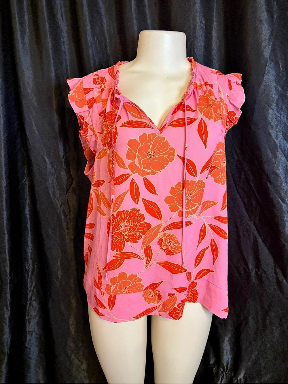 DR2 Floral Ruffle Sleeve Blouse in Pink & Orange Size Large